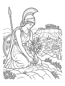 Free printable Athena Planting An Olive Tree coloring page