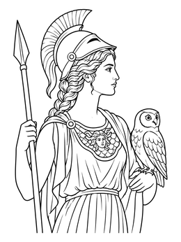 Free printable Goddess Athena With Spear And Owl coloring page