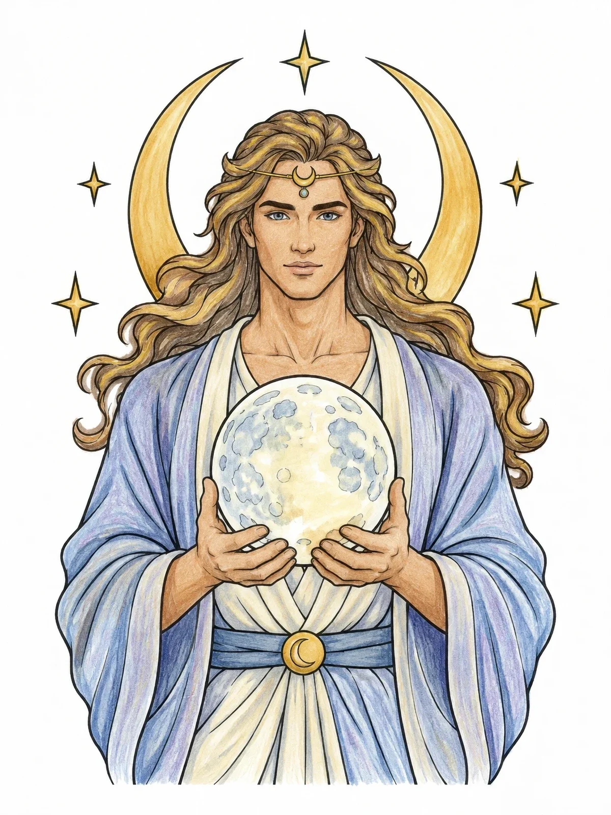 Colored example of the Celestial Lunar Deity With Moon Sphere coloring page