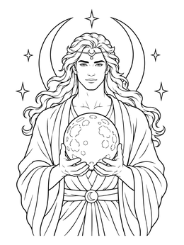 A serene celestial deity in a goddess coloring page holding a full moon sphere surrounded by stars.