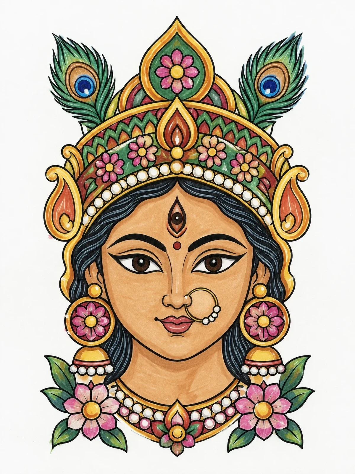 Colored example of the Goddess Durga Face With Crown coloring page