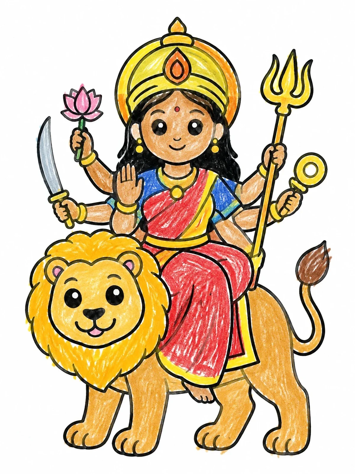 Colored example of the Goddess Durga On Her Friendly Lion coloring page