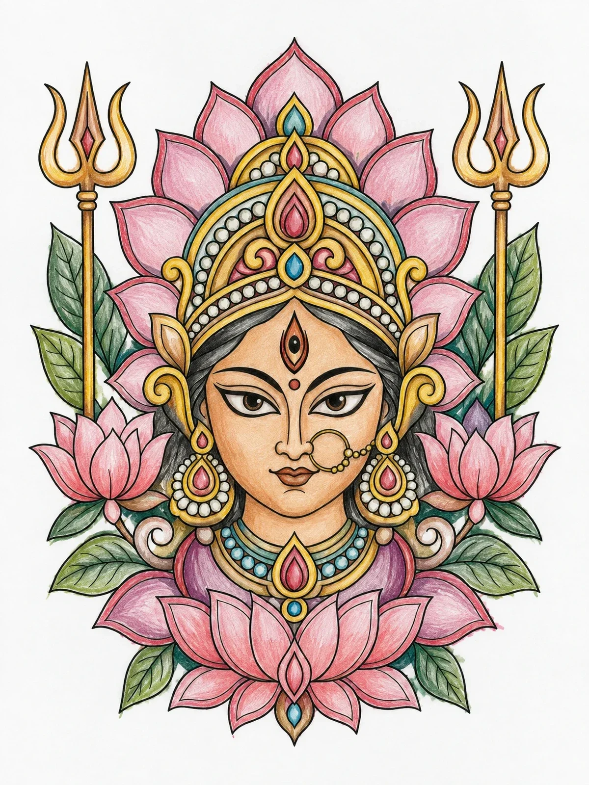 Colored example of the Goddess Durga With Lotus And Trishuls coloring page