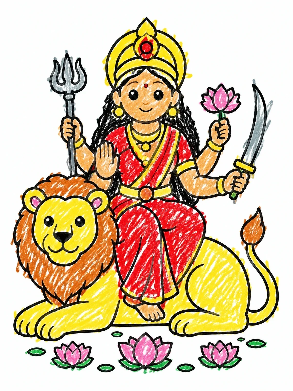 Colored example of the Goddess Durga On Resting Lion coloring page