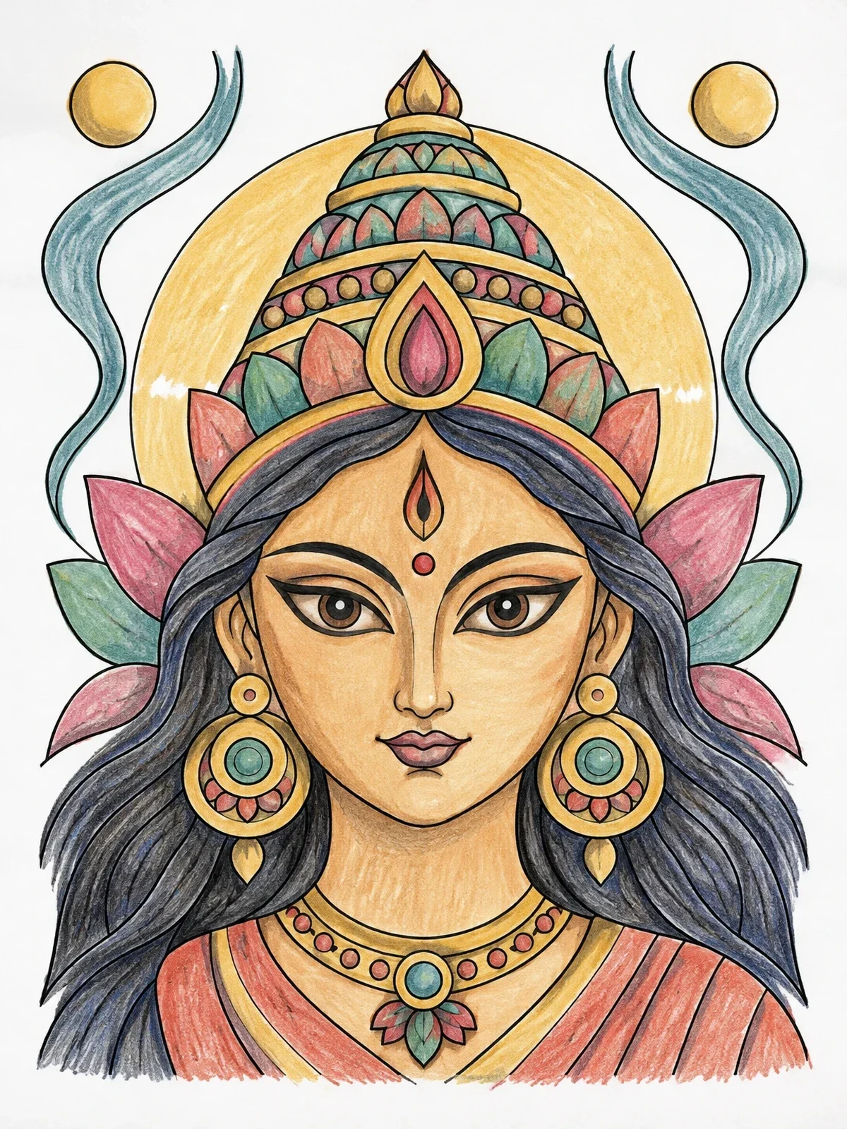 Colored example of the Goddess Durga Close Up Portrait coloring page