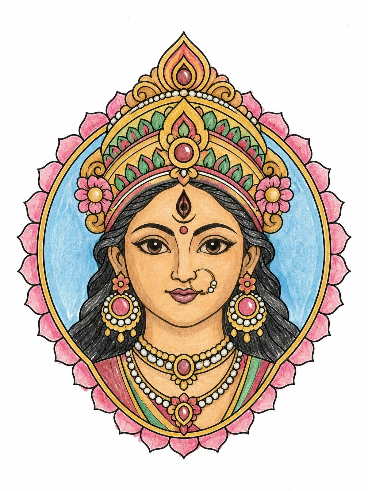 Colored example of the Goddess Durga Portrait In Floral Frame coloring page