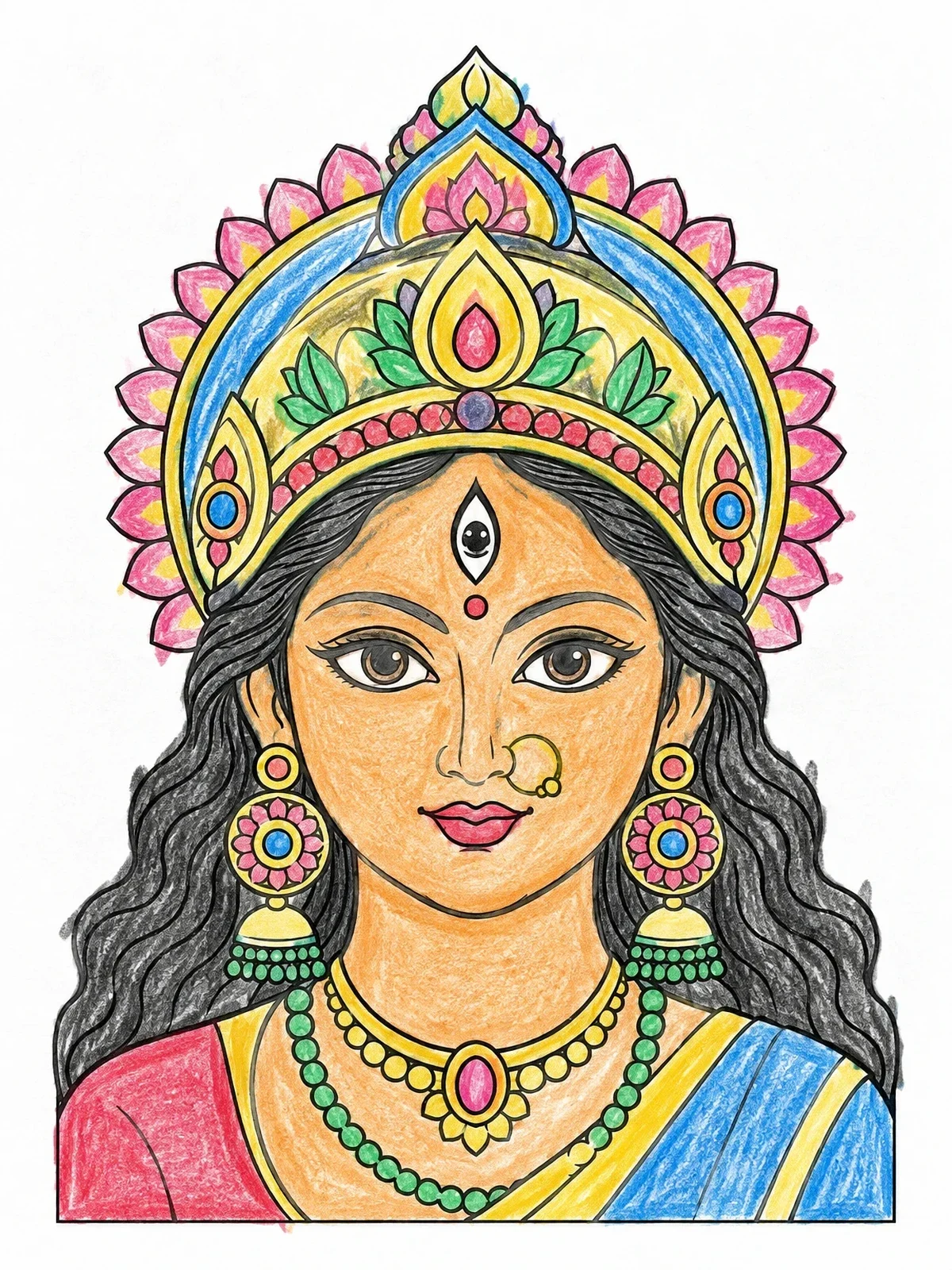 Colored example of the Goddess Durga Portrait With Ornate Crown coloring page