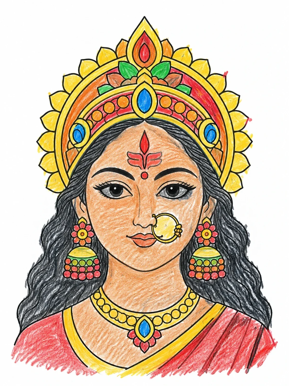 Colored example of the Goddess Durga Portrait With Ornate Crown coloring page