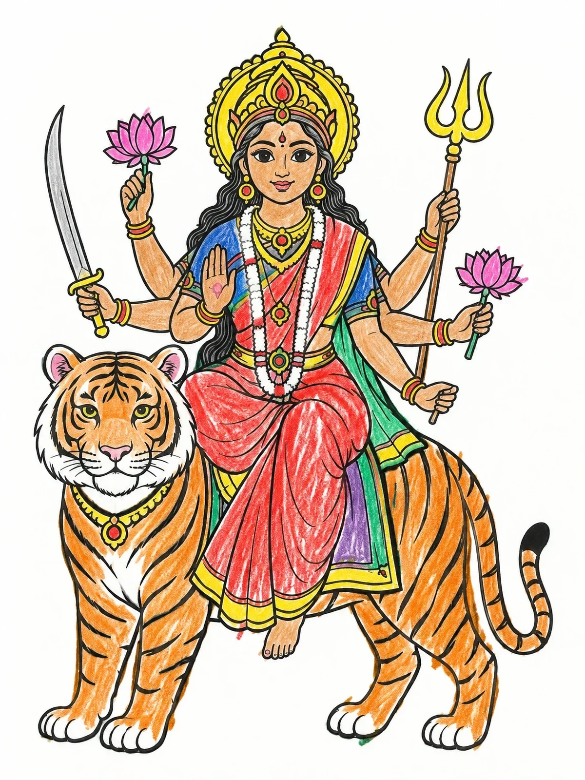 Colored example of the Goddess Durga Riding Her Tiger coloring page
