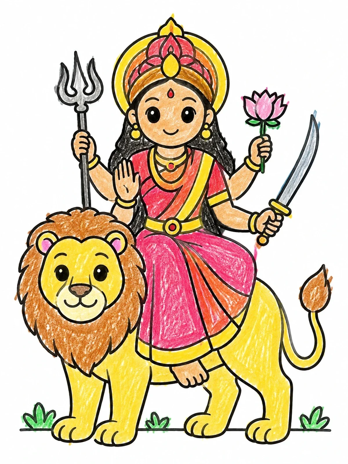 Colored example of the Cute Goddess Durga On Lion coloring page