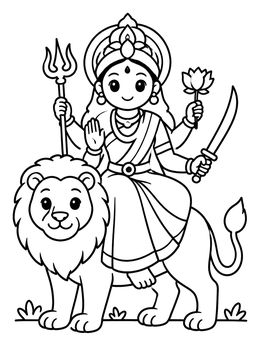 Free printable Cute Goddess Durga On Lion coloring page