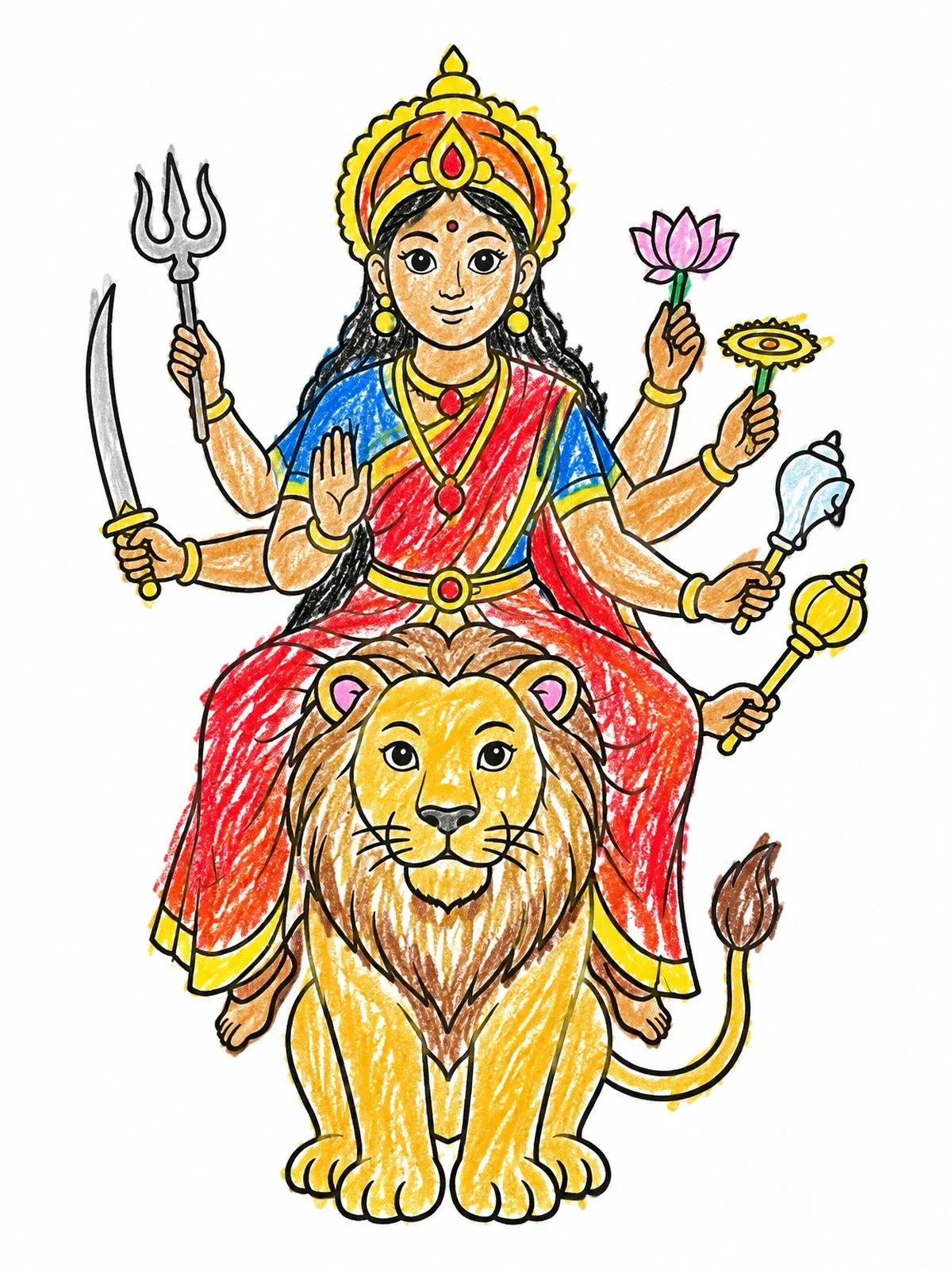 Colored example of the Goddess Durga Riding Her Lion coloring page