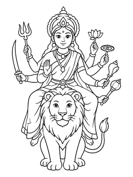 Free printable Goddess Durga Riding Her Lion coloring page