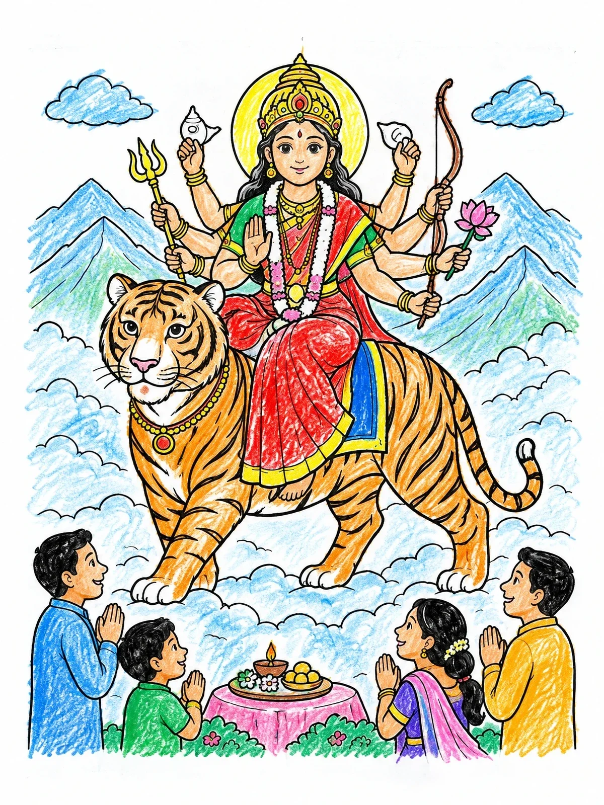Colored example of the Goddess Durga On Her Majestic Tiger coloring page