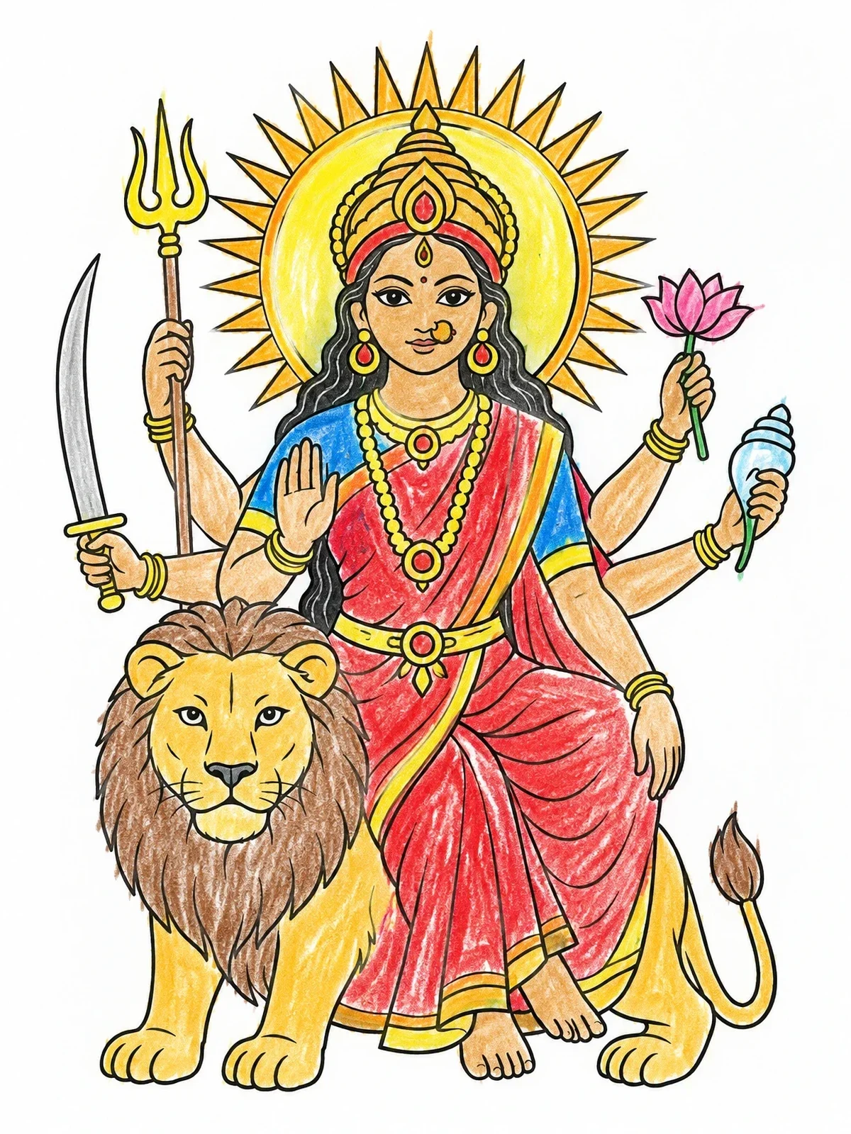 Colored example of the Goddess Durga Seated With Lion coloring page