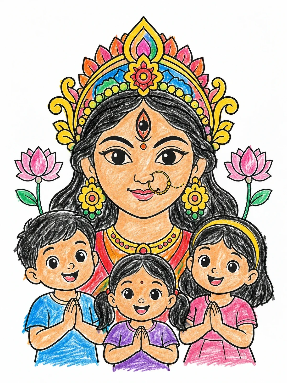 Colored example of the Goddess Durga Smiling With Happy Children coloring page