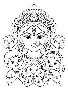 Free printable Goddess Durga Smiling With Happy Children coloring page