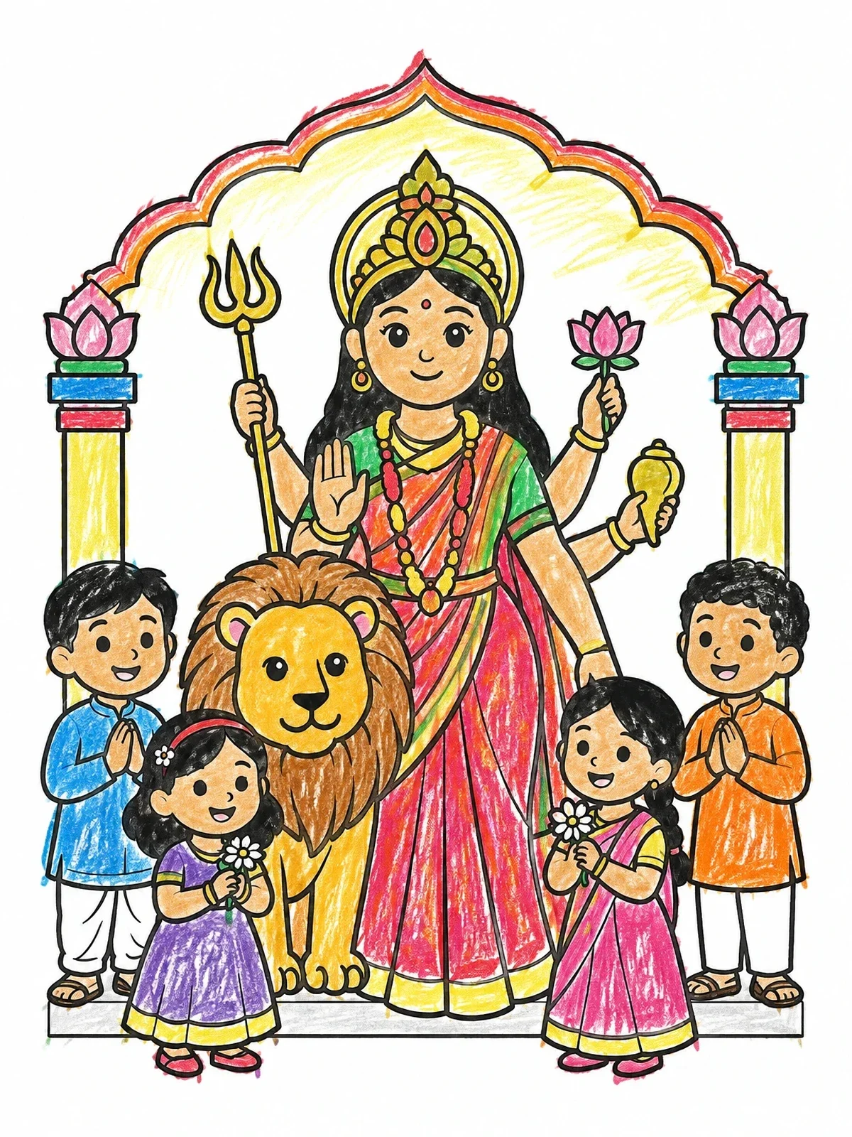 Colored example of the Goddess Durga With Children And Lion coloring page