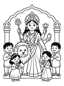 Free printable Goddess Durga With Children And Lion coloring page