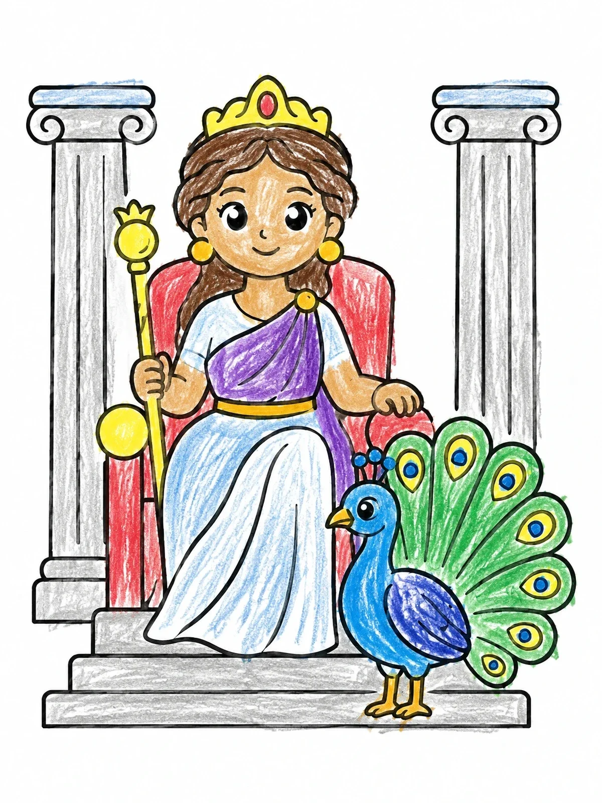 Colored example of the Goddess Hera On Her Throne coloring page