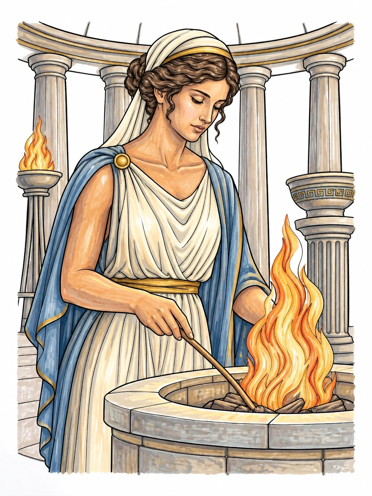 Colored example of the Goddess Hestia Tending The Sacred Hearth coloring page