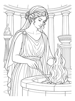 Greek goddess coloring page showing Hestia tending the sacred hearth fire inside a circular temple.