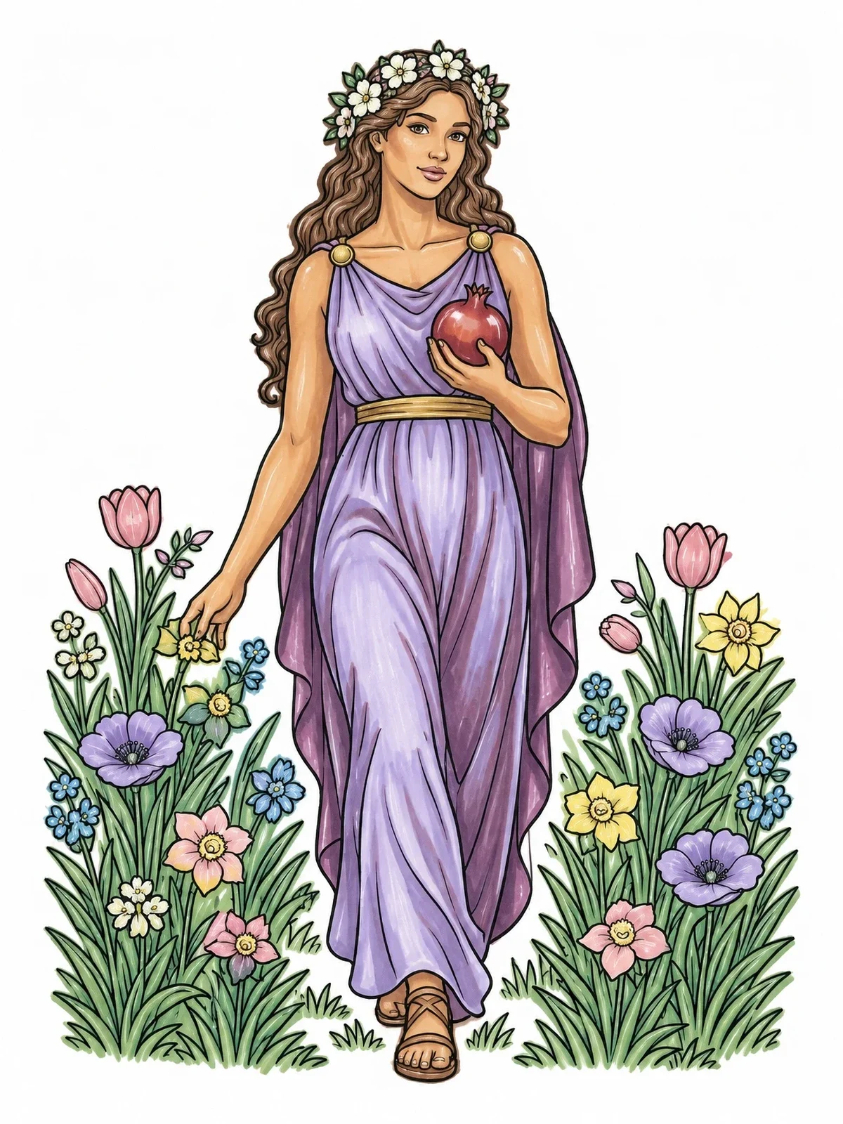 Colored example of the Persephone With Pomegranate In Spring Meadow coloring page