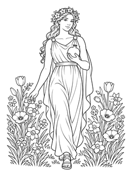 Persephone walking through spring flowers in this goddess coloring page.
