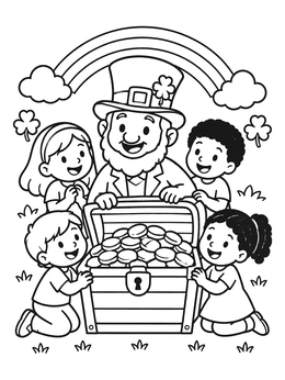 Free printable Leprechaun And Children With Gold Treasure coloring page
