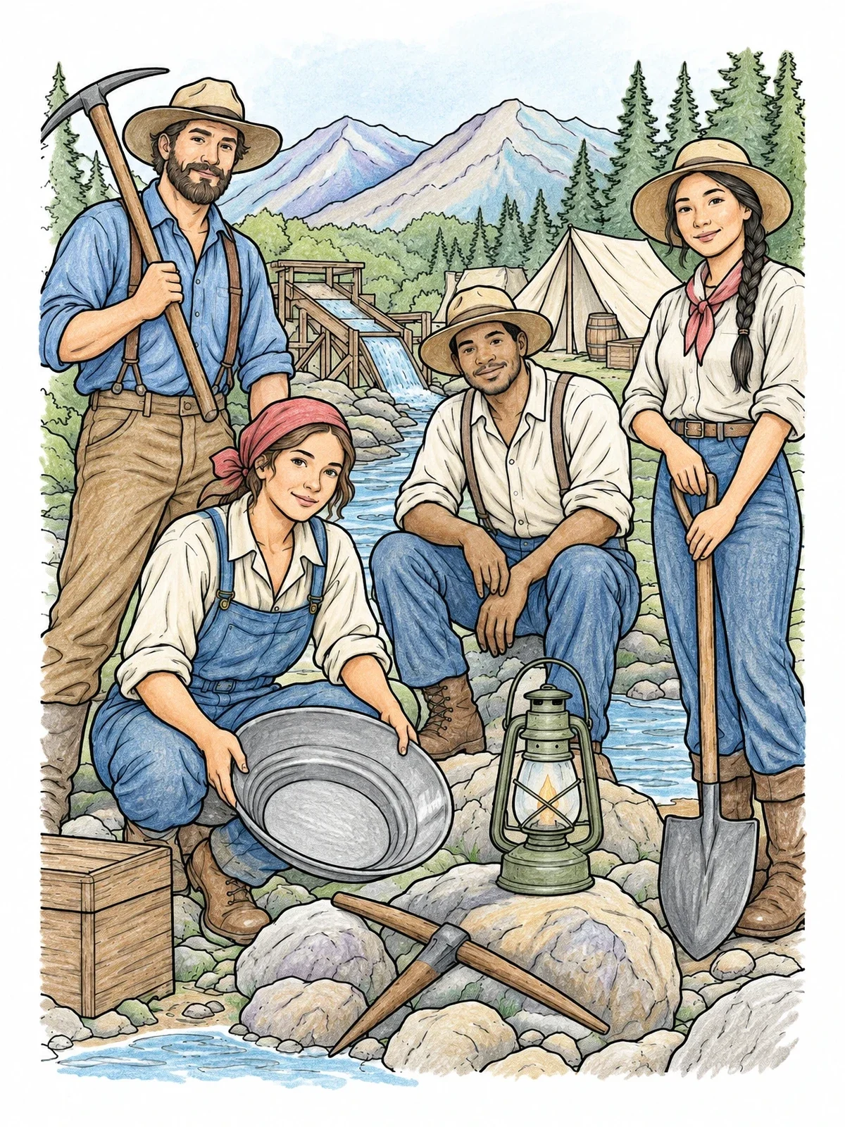 Colored example of the Gold Prospectors At River Camp coloring page