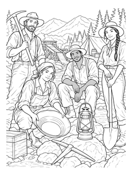 A group of miners with tools by a mountain stream in this gold rush coloring page.
