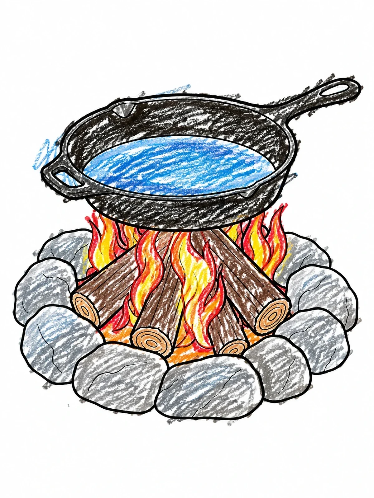 Colored example of the Campfire Skillet Over Burning Logs coloring page