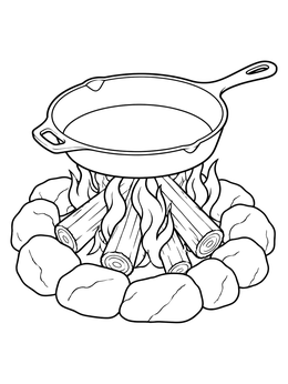 Free printable Campfire Skillet Over Burning Logs coloring page