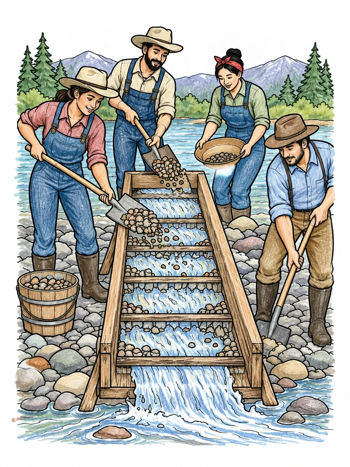 Colored example of the Miners Working A Wooden Sluice Box coloring page