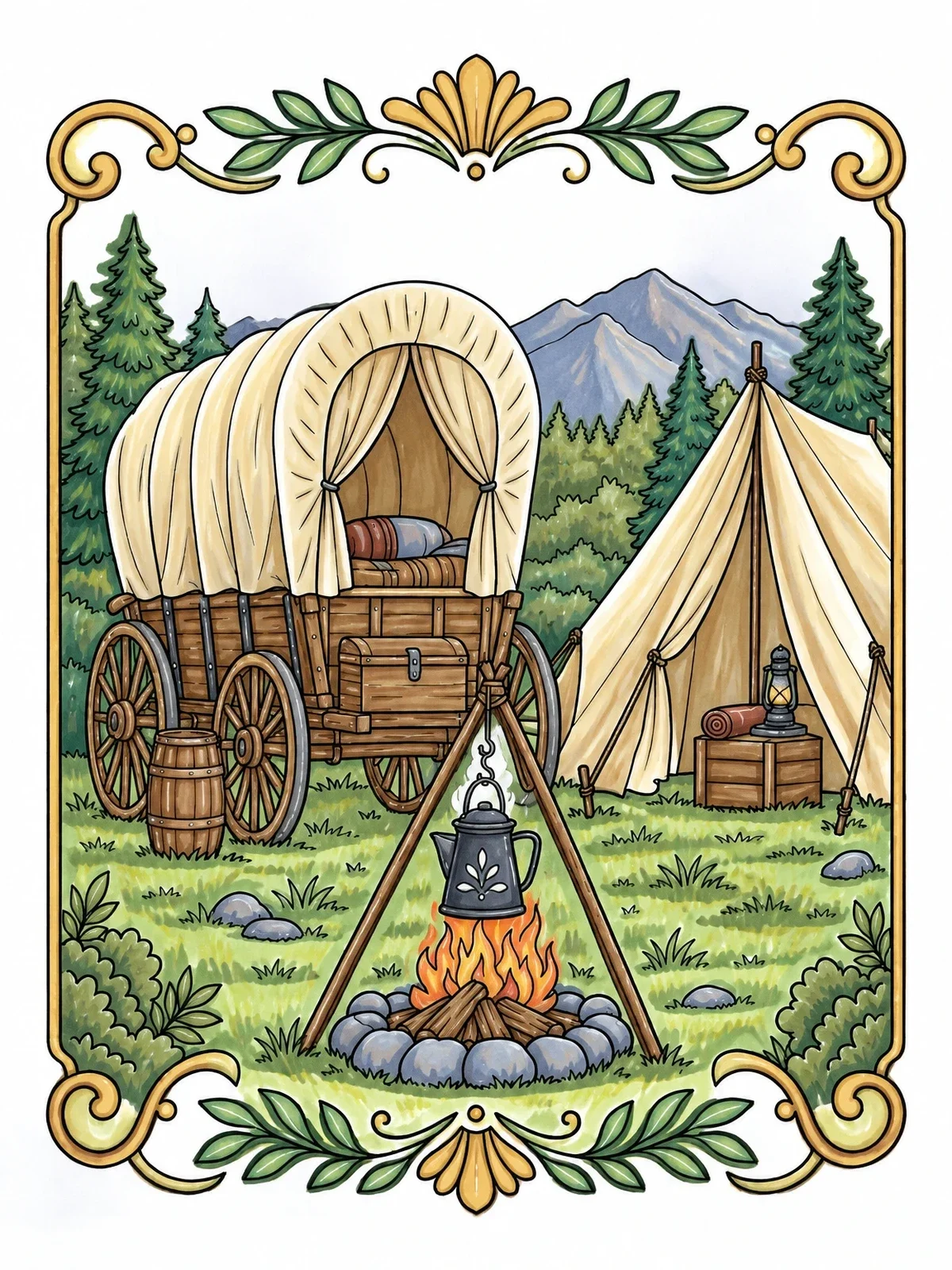 Colored example of the Gold Rush Pioneer Wagon Camp coloring page
