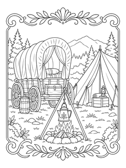 A peaceful gold rush coloring page showing a covered wagon, tent, and campfire kettle.