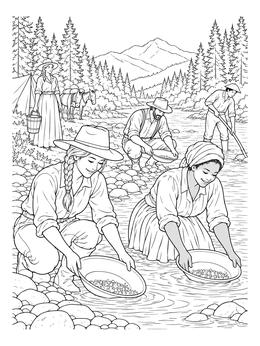 Prospectors pan for gold by a mountain river in this gold rush coloring page.