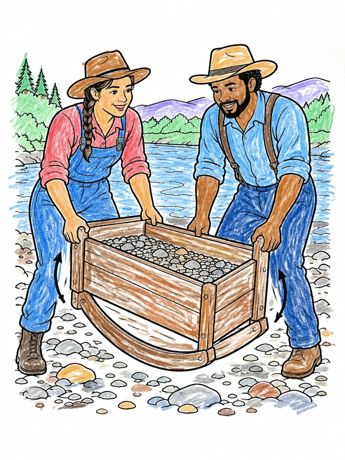 Colored example of the Miners Operating A Rocker Box coloring page