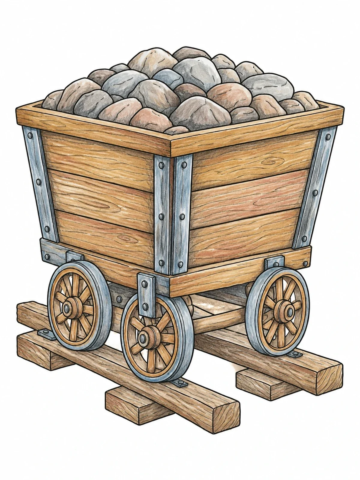 Colored example of the Vintage Ore Cart On Wooden Rails coloring page