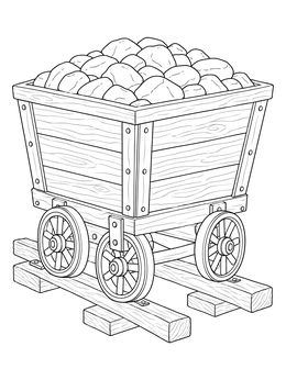 A vintage mining cart full of stones rests on tracks in this gold rush coloring page.