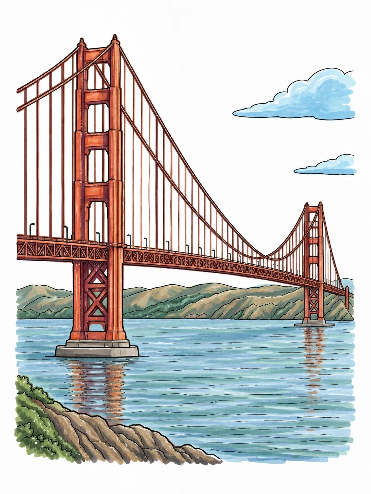 Colored example of the Golden Gate Bridge Across The Bay coloring page