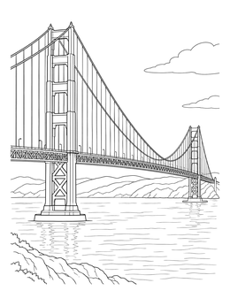Detailed golden gate bridge coloring page showing suspension cables across the bay water.