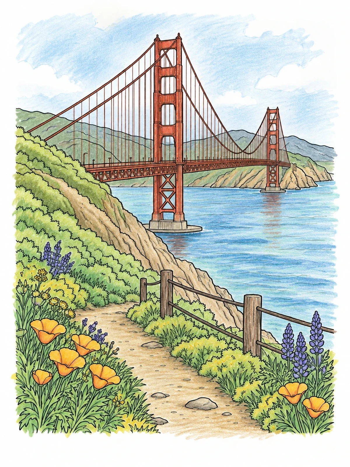 Colored example of the Golden Gate Bridge From Coastal Trail coloring page