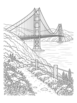 A detailed golden gate bridge coloring page featuring a scenic hillside trail lined with wildflowers.