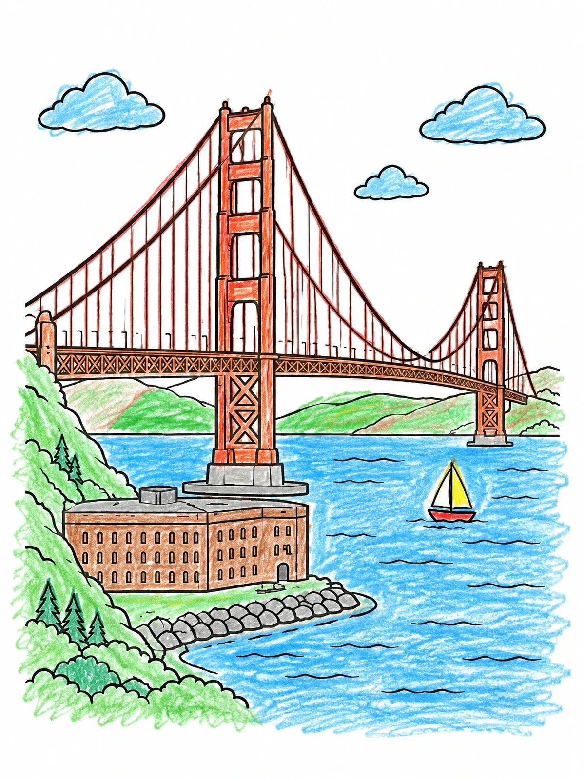Colored example of the Golden Gate Bridge And Fort Point coloring page