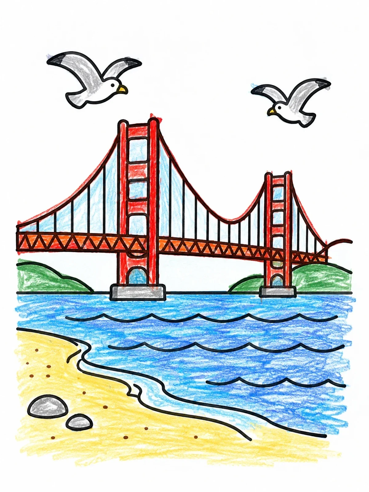 Colored example of the Golden Gate Bridge From Shore coloring page