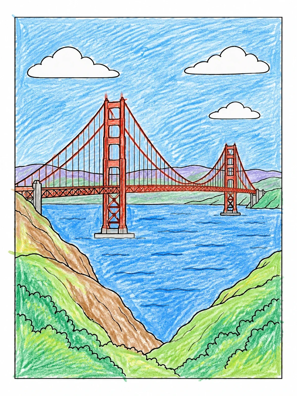 Colored example of the Golden Gate Bridge Across The Bay coloring page