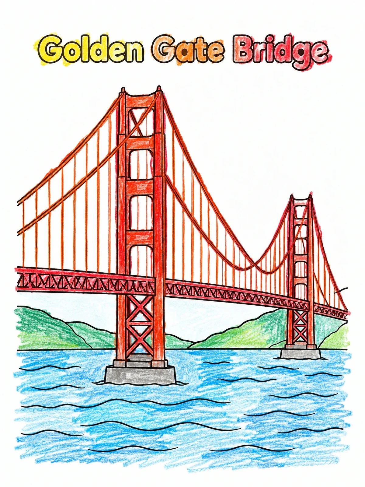 Colored example of the Golden Gate Bridge Over Bay coloring page