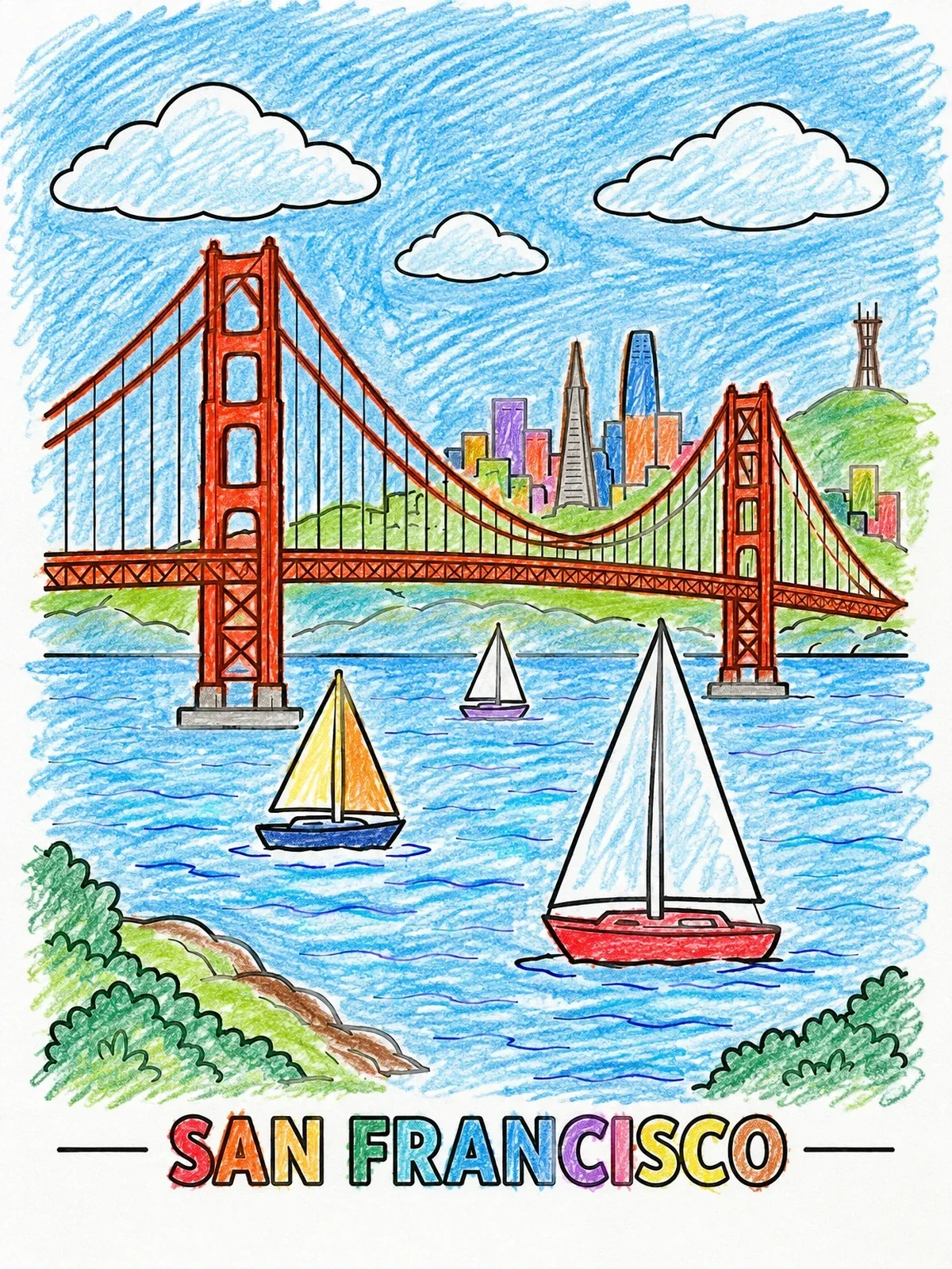Colored example of the Golden Gate Bridge And Bay Sailboats coloring page