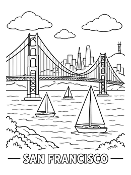 Free printable Golden Gate Bridge And Bay Sailboats coloring page